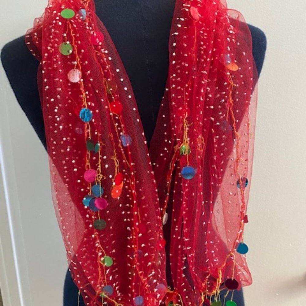 Red Tulle Scarf with Silver-Colored embellishments, Gold Thread & Round Sequins